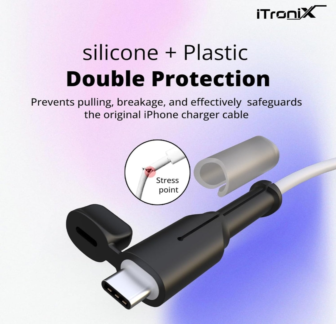 iTronix iPhone Charger Cable End Protector - Silicone + Plastic Double Protection | Extends Cable Lifespan, Dustproof & Waterproof for Lightning & Type-C Cables