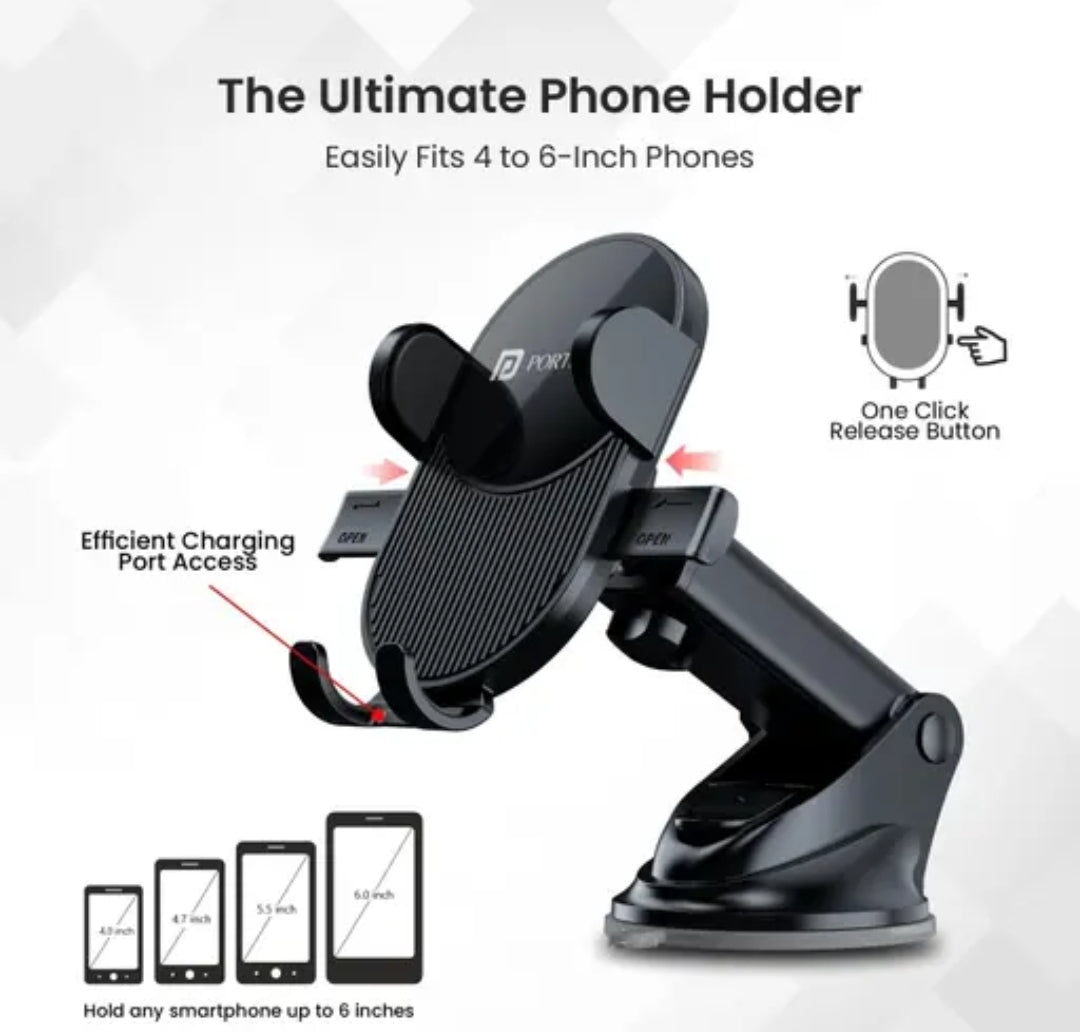 Portronics M3 Adjustable Car Mount – Heavy-Duty Suction Cup, One-Hand Operation