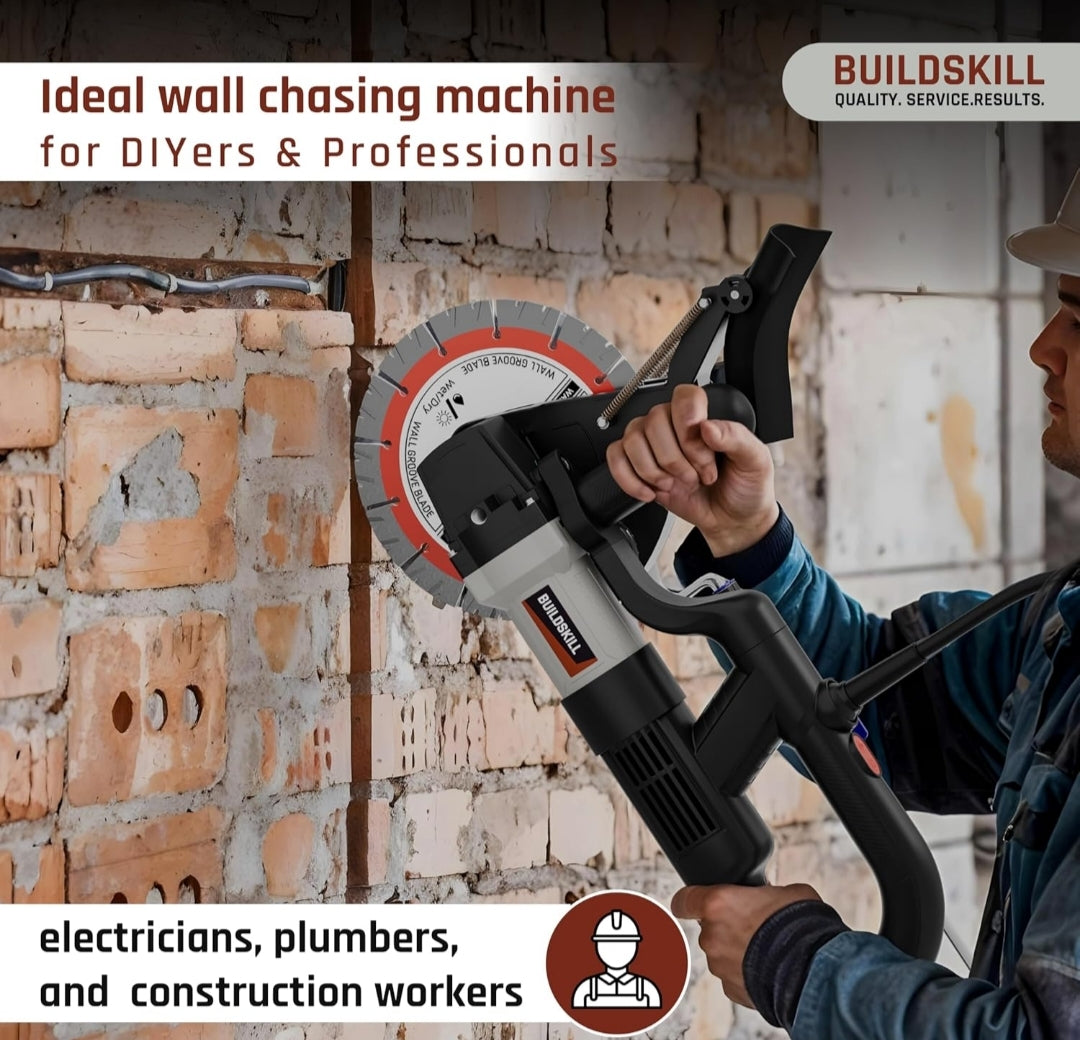 BUILD SKILL 3450W Brushless Wall Chaser Machine - Diamond Blade, Wet/Dry Grooving Saw for Concrete, Brick, Stone