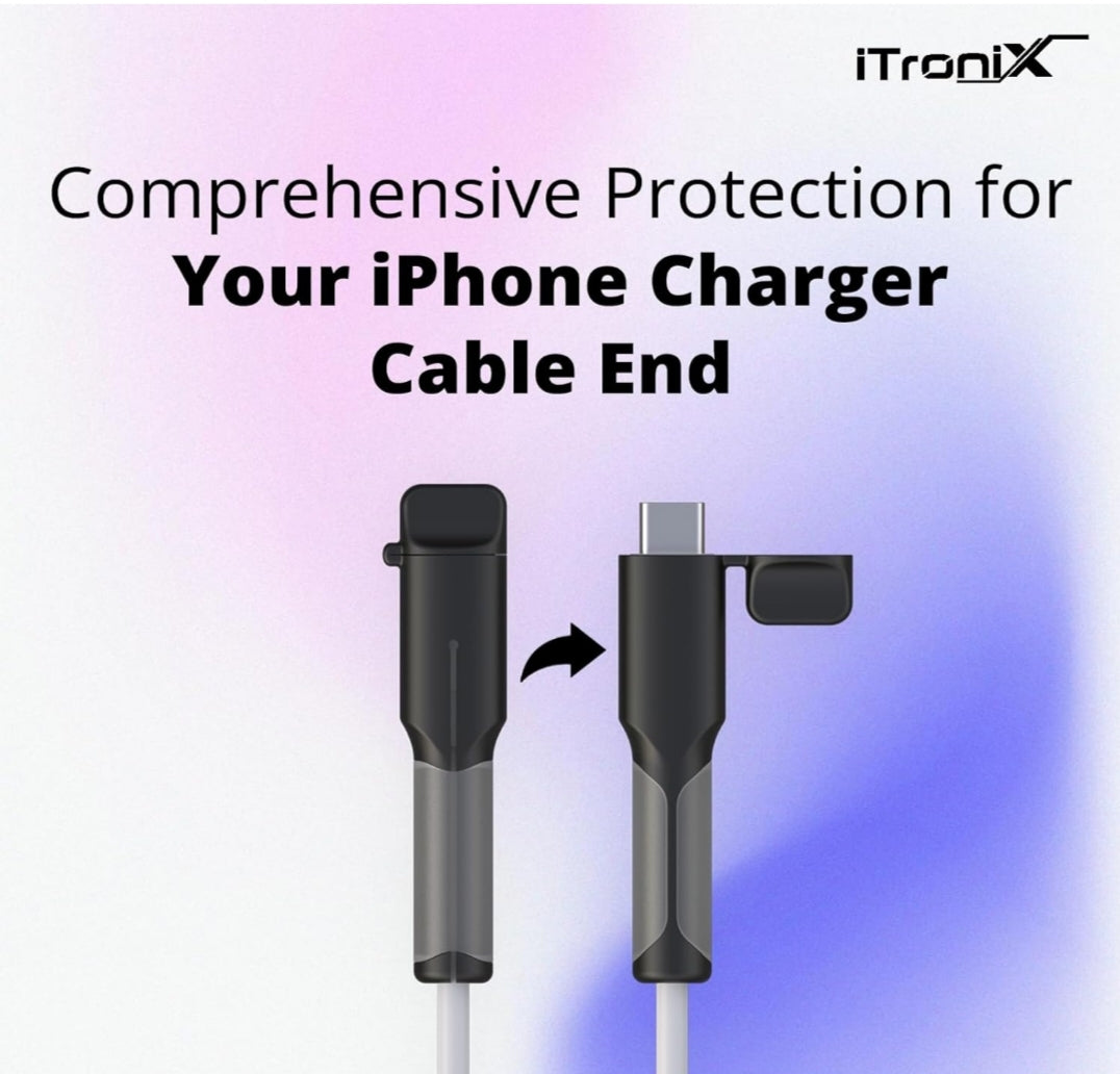 iTronix iPhone Charger Cable End Protector - Silicone + Plastic Double Protection | Extends Cable Lifespan, Dustproof & Waterproof for Lightning & Type-C Cables