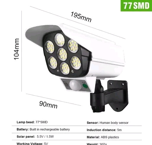 77 SMD LED Solar Security Light with Motion Sensor & Remote Control - Dummy Camera Design for Outdoor Wall Lamp