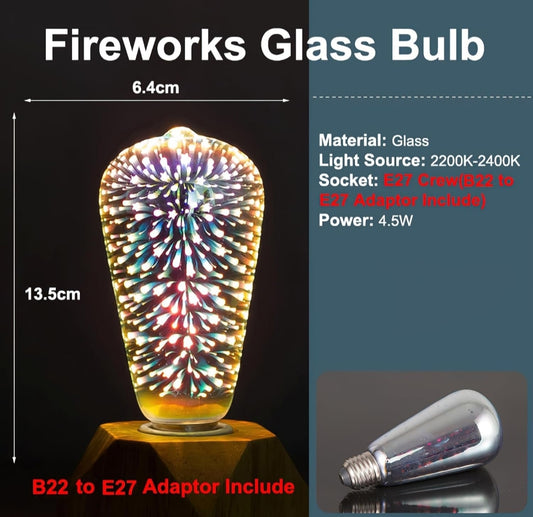 Vintage Edison Firework Glass LED Bulb – 360° High Brightness, E27/B22 Socket, Warm White 2200K-2400K (B22 Adapter Included)