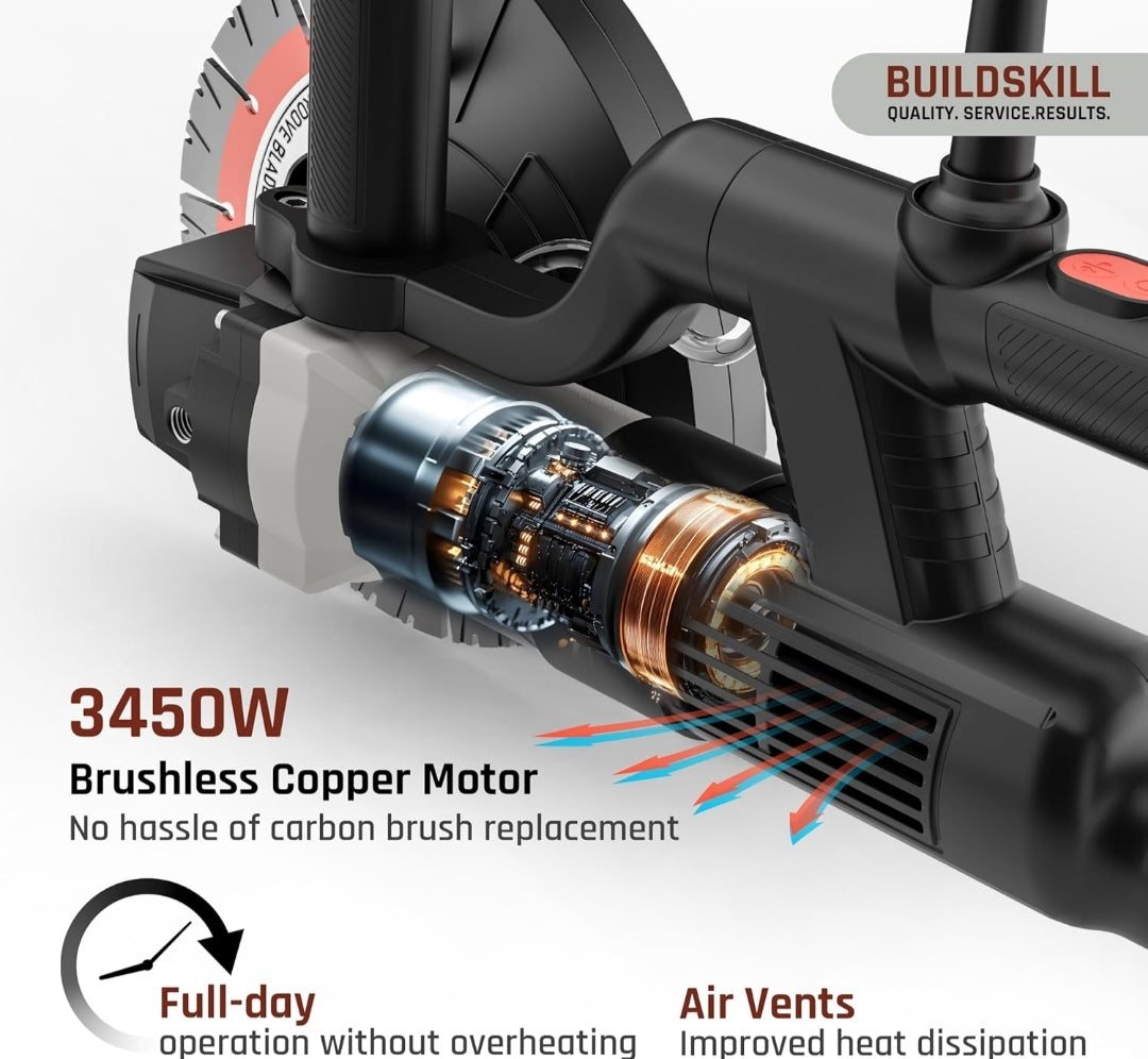 BUILD SKILL 3450W Brushless Wall Chaser Machine - Diamond Blade, Wet/Dry Grooving Saw for Concrete, Brick, Stone