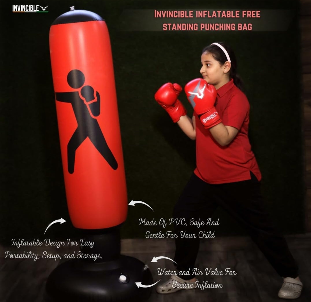 INVINCIBLE Inflatable Free-Standing Punching Bag for Kids - Safe PVC Kick & Punch Training Toy with Water/Air Base for Easy Setup & Storage