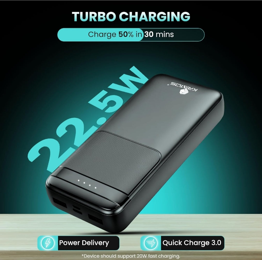 KRATOS 20,000mAh Power Bank – 22.5W Dual Turbo Charging, 12-Layer Protection, Charges iPhone 14 5.5X
