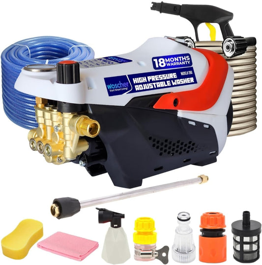 Woscher 2200W High-Pressure Washer – Adjustable 160 Bar Power, Portable with 8 Accessories & 1+6 Months Warranty