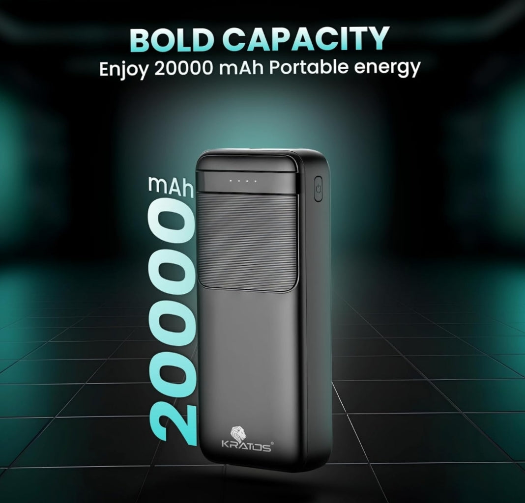 KRATOS 20,000mAh Power Bank – 22.5W Dual Turbo Charging, 12-Layer Protection, Charges iPhone 14 5.5X