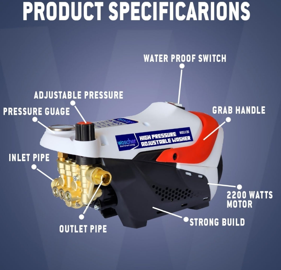 Woscher 2200W High-Pressure Washer – Adjustable 160 Bar Power, Portable with 8 Accessories & 1+6 Months Warranty