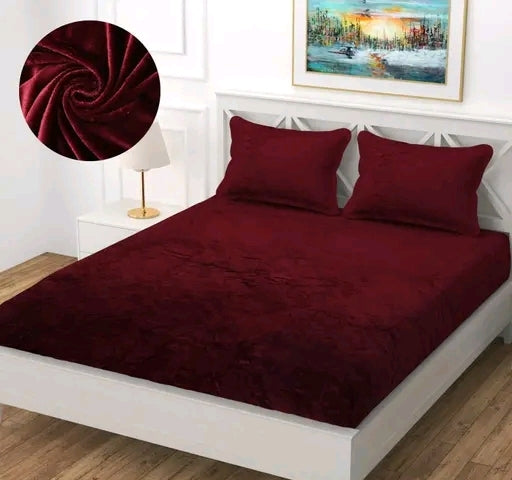 Luxurious Velvet Elastic Fitted Bedsheet Set with 2 Pillow Covers - Plush & Winter Warm