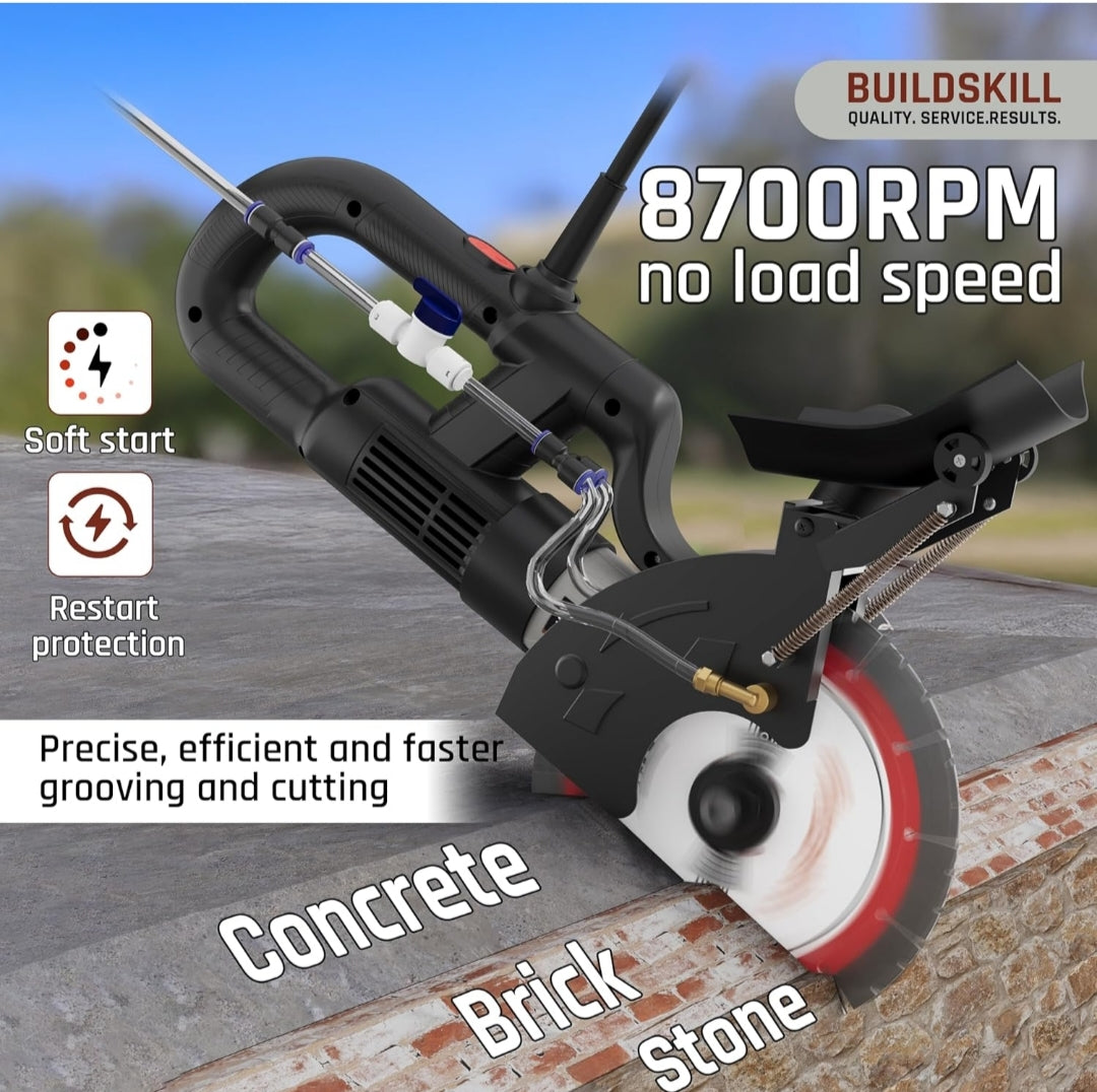 BUILD SKILL 3450W Brushless Wall Chaser Machine - Diamond Blade, Wet/Dry Grooving Saw for Concrete, Brick, Stone
