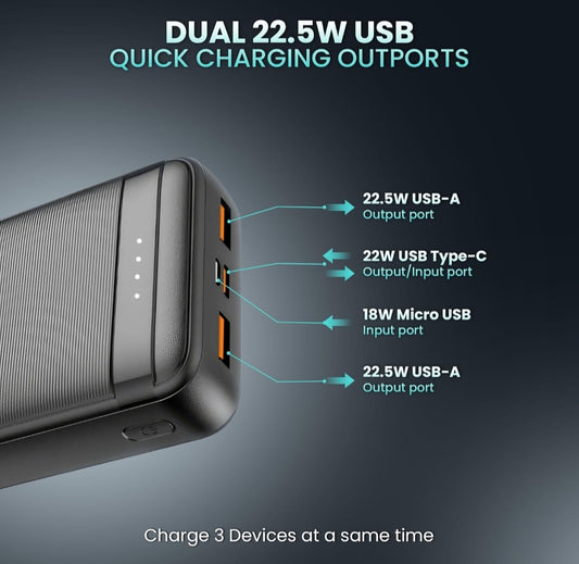KRATOS 20,000mAh Power Bank – 22.5W Dual Turbo Charging, 12-Layer Protection, Charges iPhone 14 5.5X