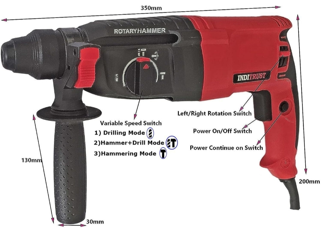Inditrust 26mm Professional Rotary Hammer Drill Machine with Complete Drill Bit & Chisel Set | Multi-Function Hammer Drill for Concrete, Masonry, Wood & Metal