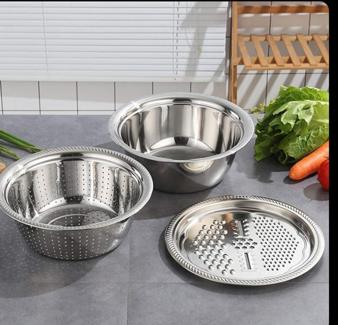 3-in-1 Multifunctional Stainless Steel Grater Basin with Colander & Mixing Bowl