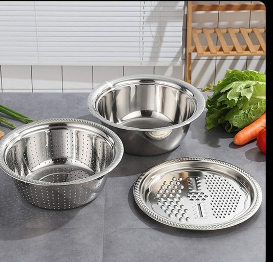 3-in-1 Multifunctional Stainless Steel Grater Basin with Colander & Mixing Bowl