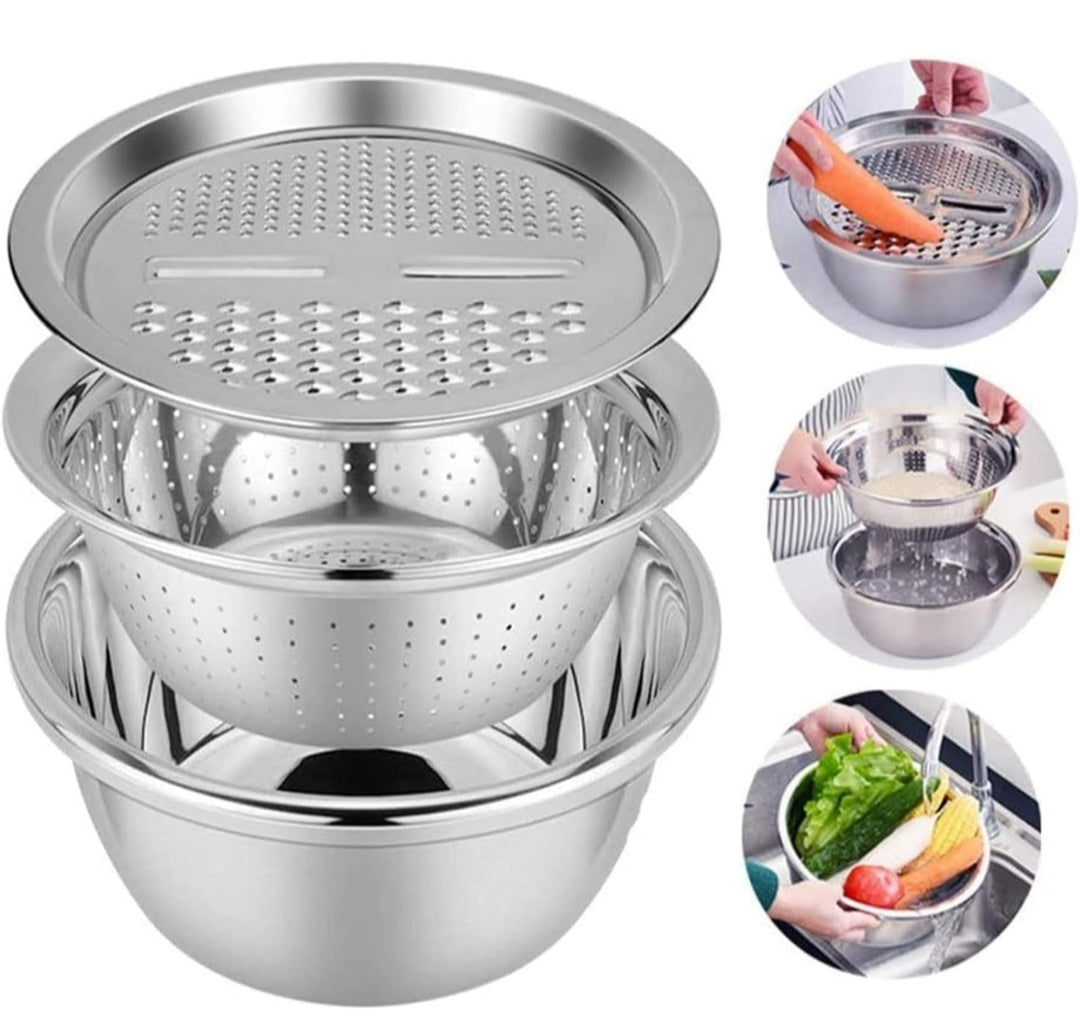 3-in-1 Multifunctional Stainless Steel Grater Basin with Colander & Mixing Bowl