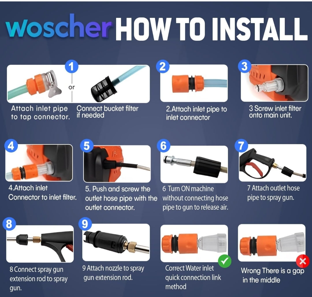 Woscher 2200W High-Pressure Washer – Adjustable 160 Bar Power, Portable with 8 Accessories & 1+6 Months Warranty